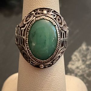Antique Chinese Sterling silver 925 filagree good luck Jade ring export RARE